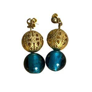 Vintage Gold Tone Dangle Pierced Earrings Blue Glass Cage Beads 1.5" Long Bali